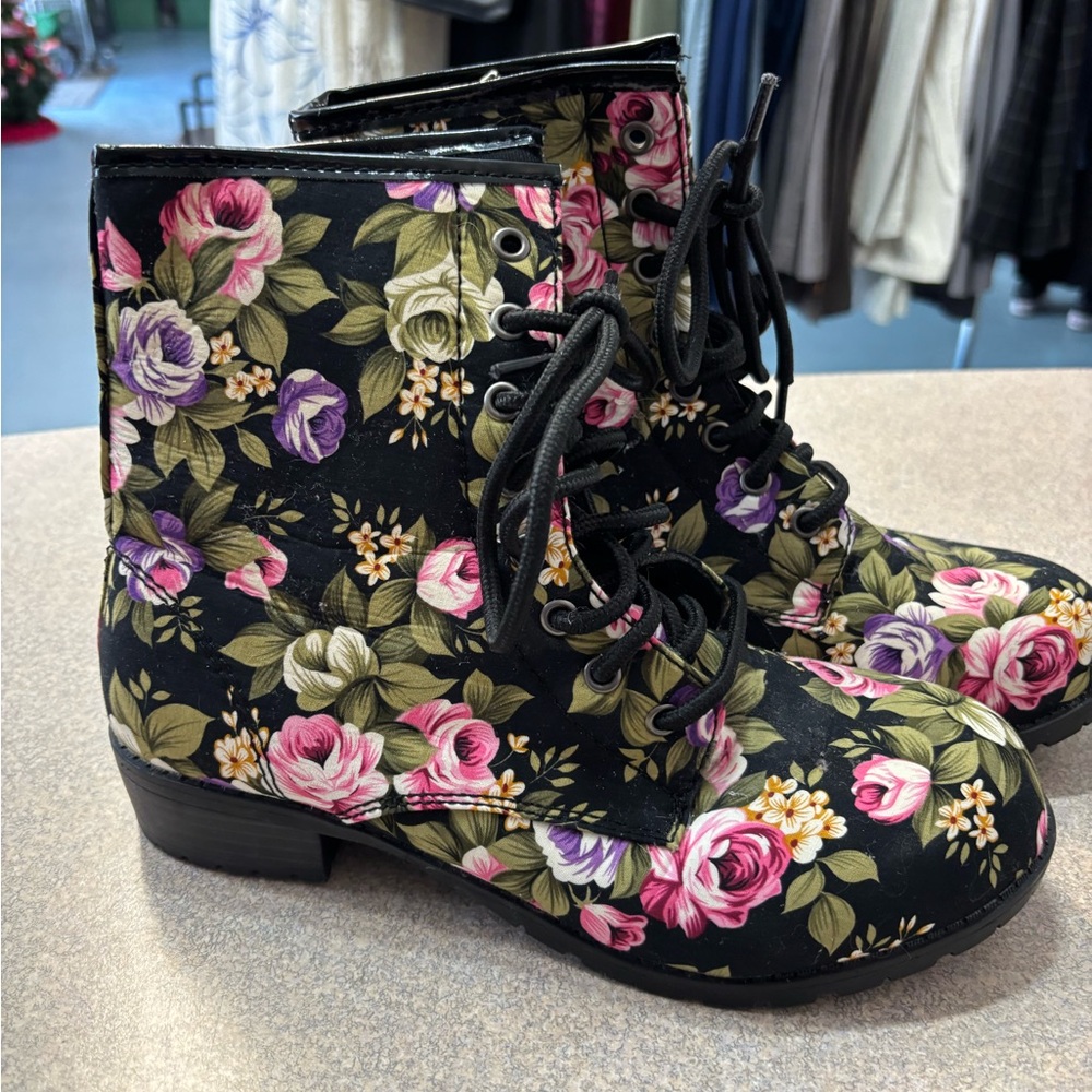 Floral Lace-Up Boots - Black and Multicolor